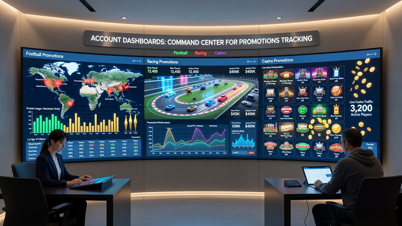 Account dashboard interface displaying active promotions across football, racing, and casino sections with real-time balance and offer tracking