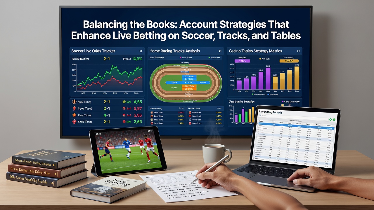Live betting interfaces showing synchronized account tracking for horse racing and casino tables