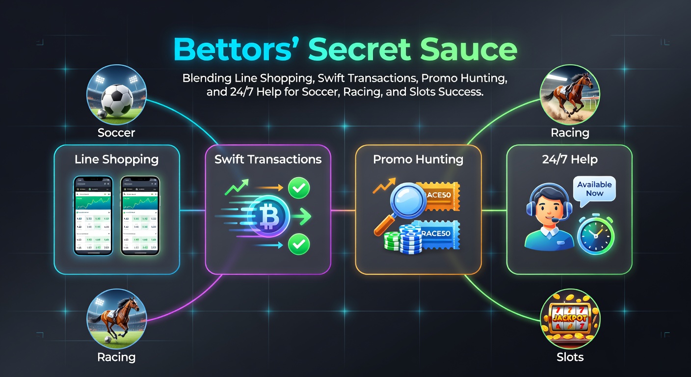 Bettors at screens juggling odds comparisons, transaction apps, promo codes, and live chat windows amid soccer matches, race starts, and spinning slots
