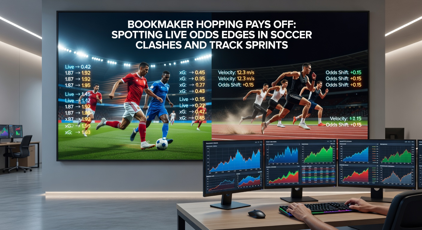 Dynamic display of multiple bookmaker screens showing varying live odds for a soccer match and a sprint race, highlighting price discrepancies