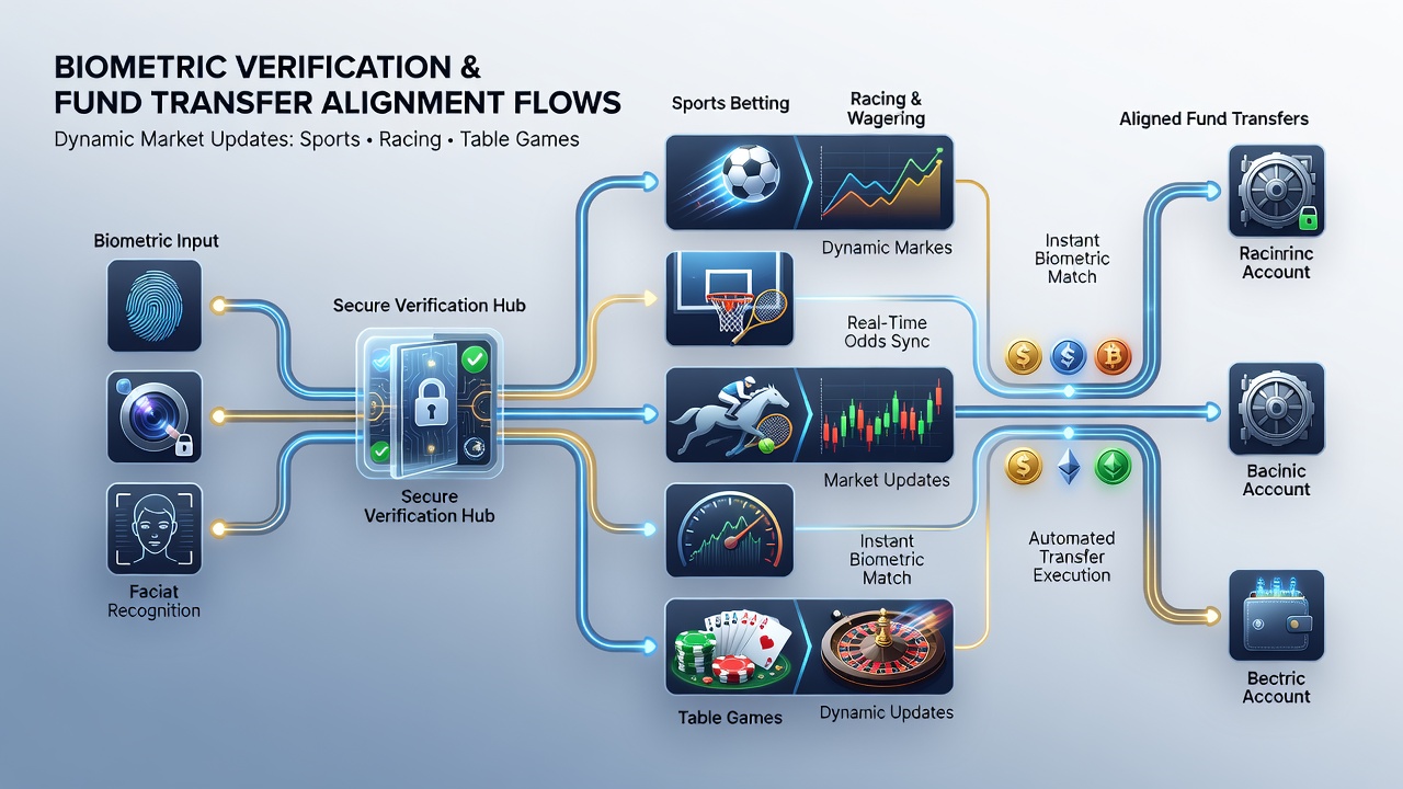 Diagram showing biometric verification integrated with fund transfer systems and real-time market data feeds for sports and racing platforms