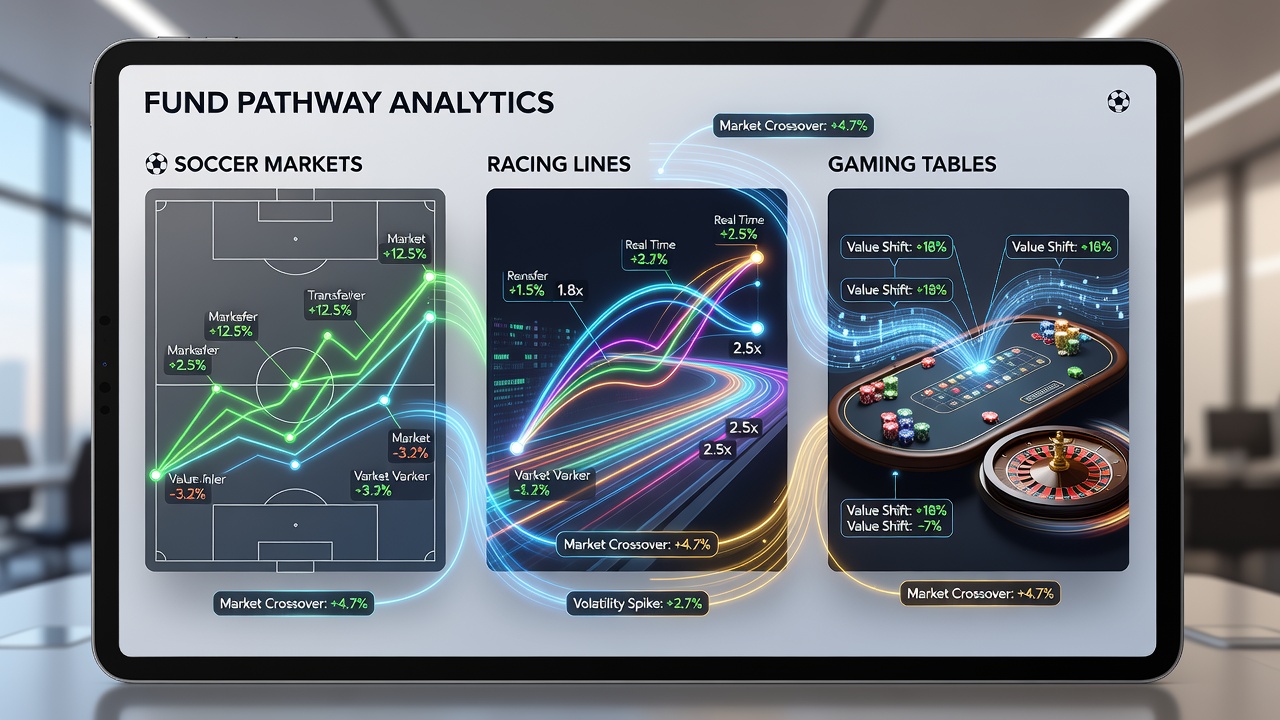 App interface dashboard displaying fund pathways and real-time value indicators across soccer, racing, and casino markets