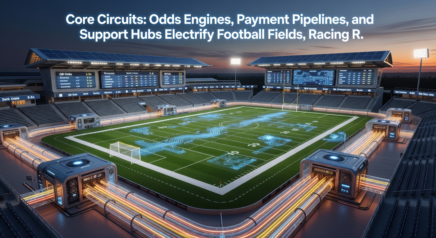 Illustration of money streams flowing through digital pipelines connecting wallets to betting interfaces on soccer, racing, and casino screens