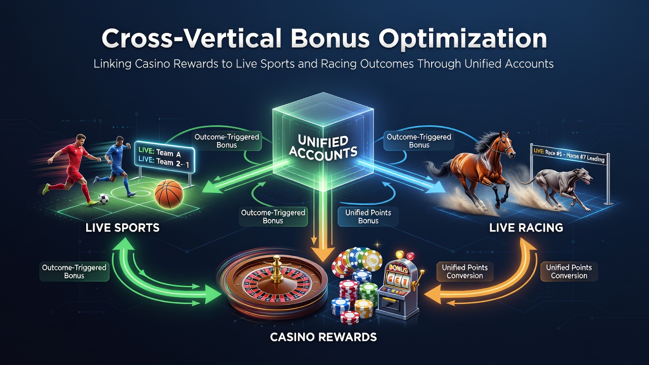 Unified account dashboard showing casino rewards synced with live sports and racing bet outcomes