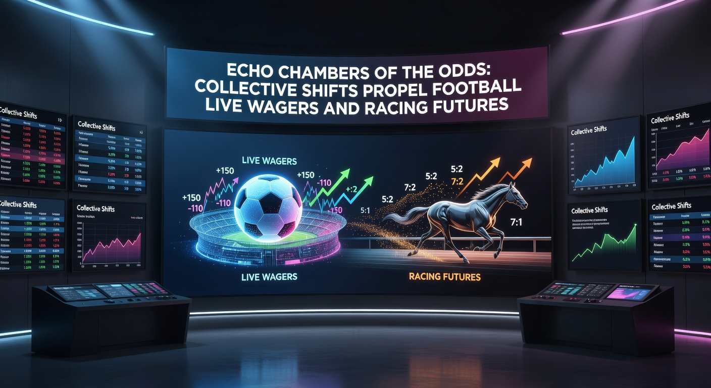 Crowd of bettors reacting to shifting live odds on football match screens, with racing futures boards in background