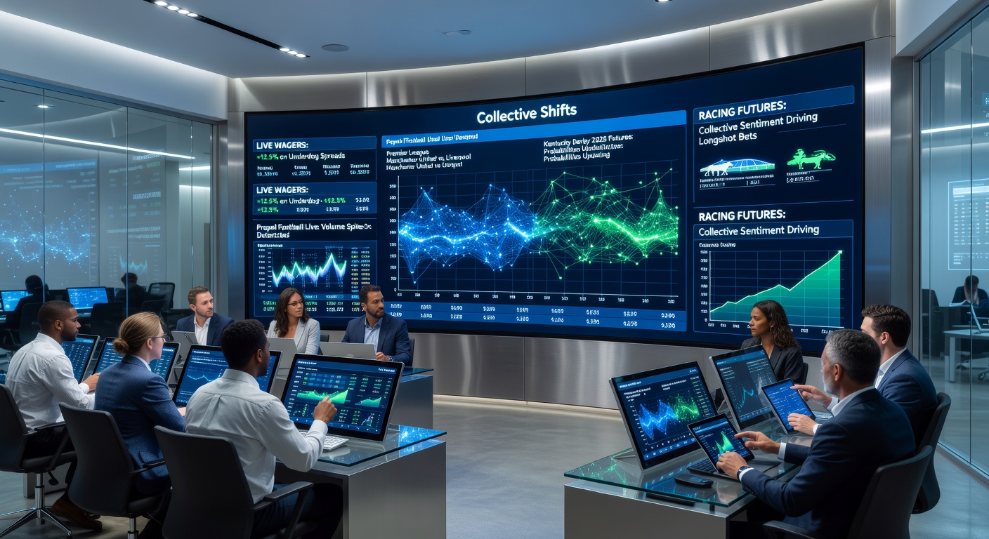 Dynamic display of live football odds shifting on multiple screens amid a group of excited bettors, overlaid with racing futures graphs showing collective trends