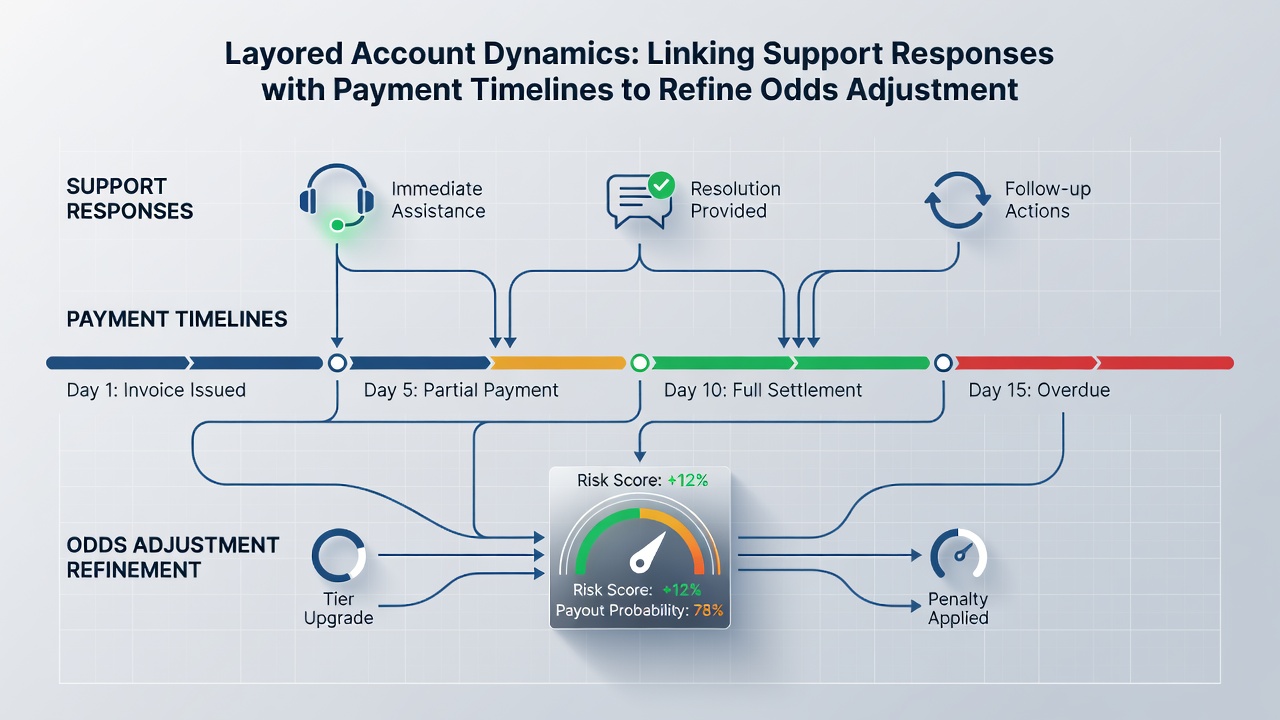 Flowchart illustrating how support response data and payment timelines merge within account layers to trigger precise odds changes in soccer and horse racing