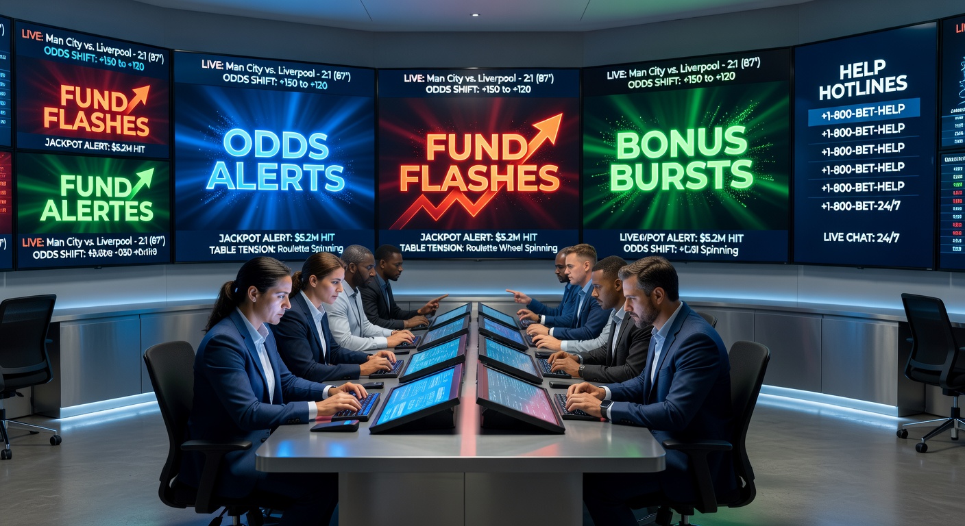 Dynamic dashboard showing live odds alerts flashing across screens in a betting control room, with soccer matches, horse races, and casino tables in split view
