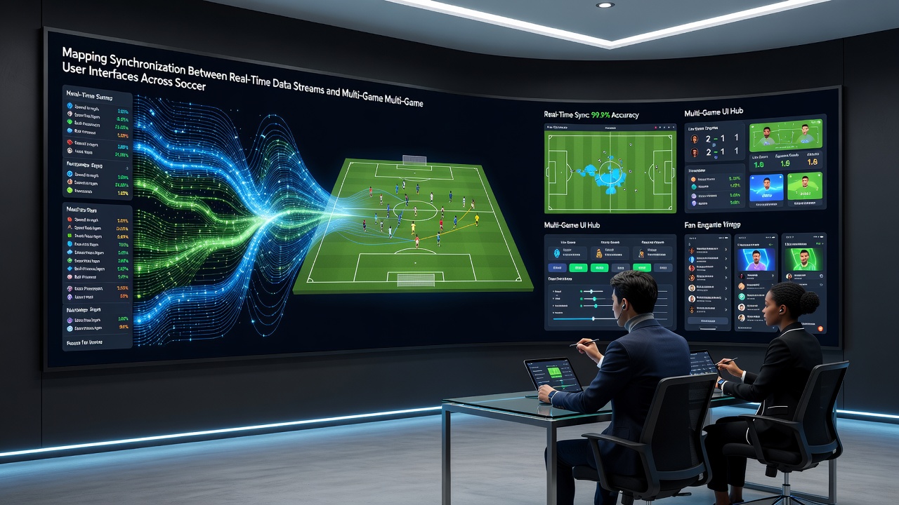 Multi-panel view of synchronized interfaces displaying live soccer stats, racing telemetry, and digital table results