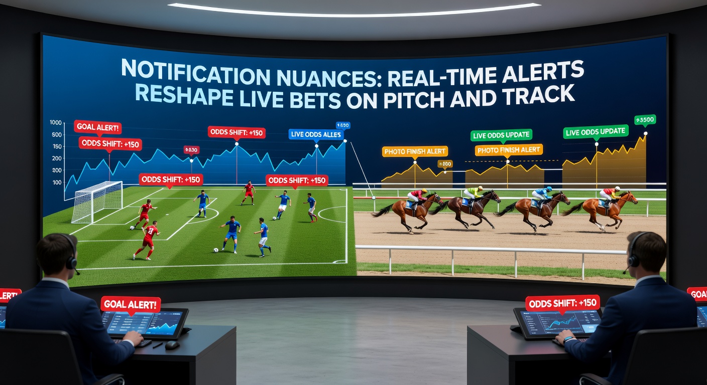 Smartphone displaying push notifications for live soccer odds changes and horse racing updates during an intense match