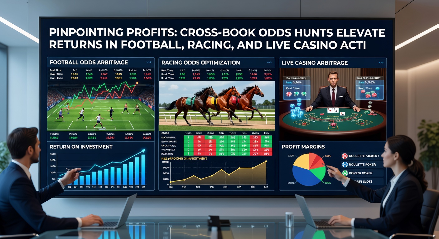 Horse racing odds board split-screened with multiple bookmakers' lines for a major event, arrows pointing to profitable discrepancies