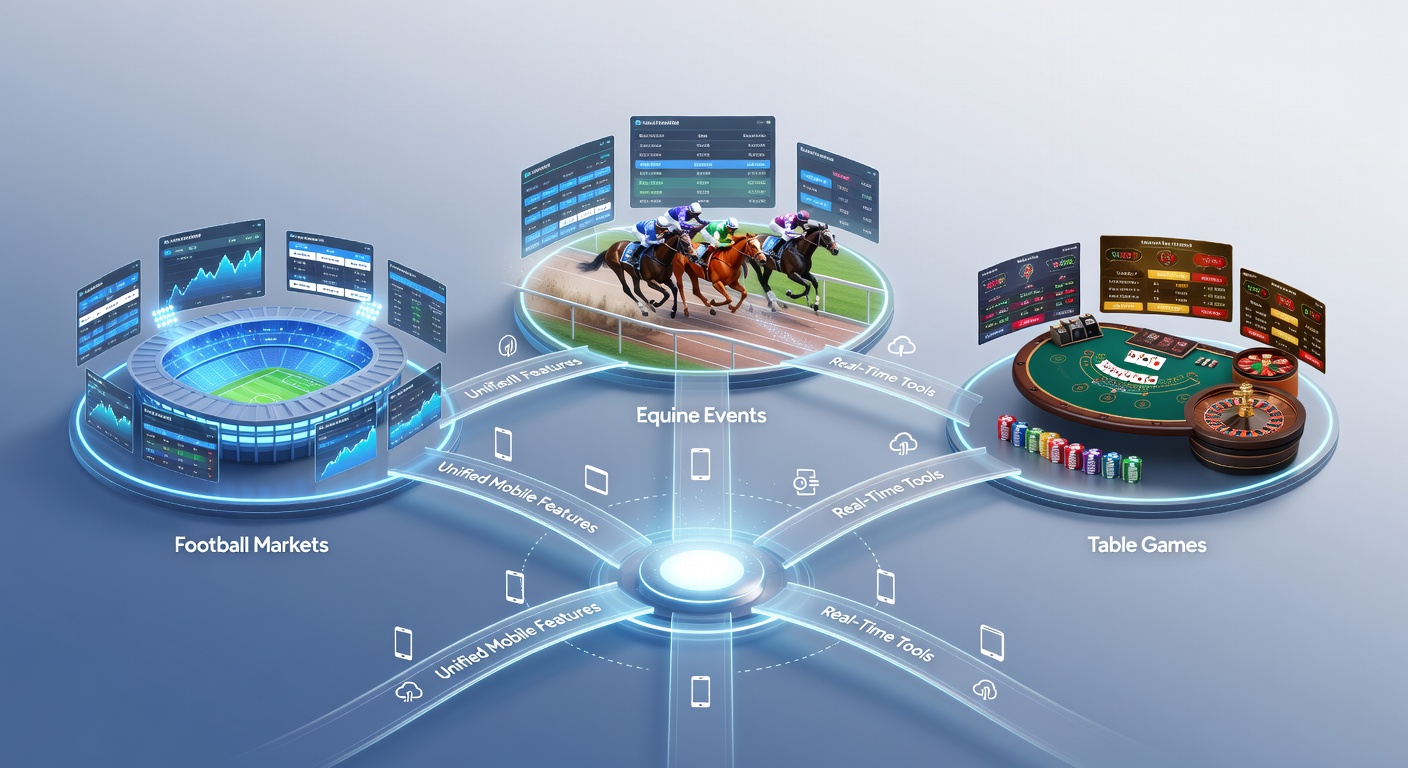 Mobile interface displaying integrated football, horse racing, and table game options with live updates