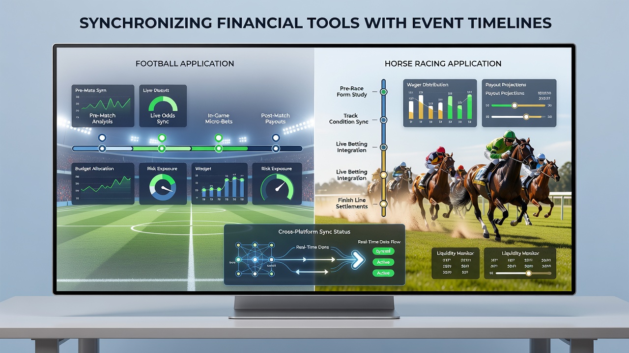 Illustration of horse racing event timeline integrated with betting wallet transactions on a mobile interface