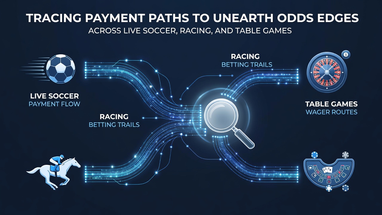 Network diagram showing payment rails feeding into soccer, racing, and casino table betting interfaces
