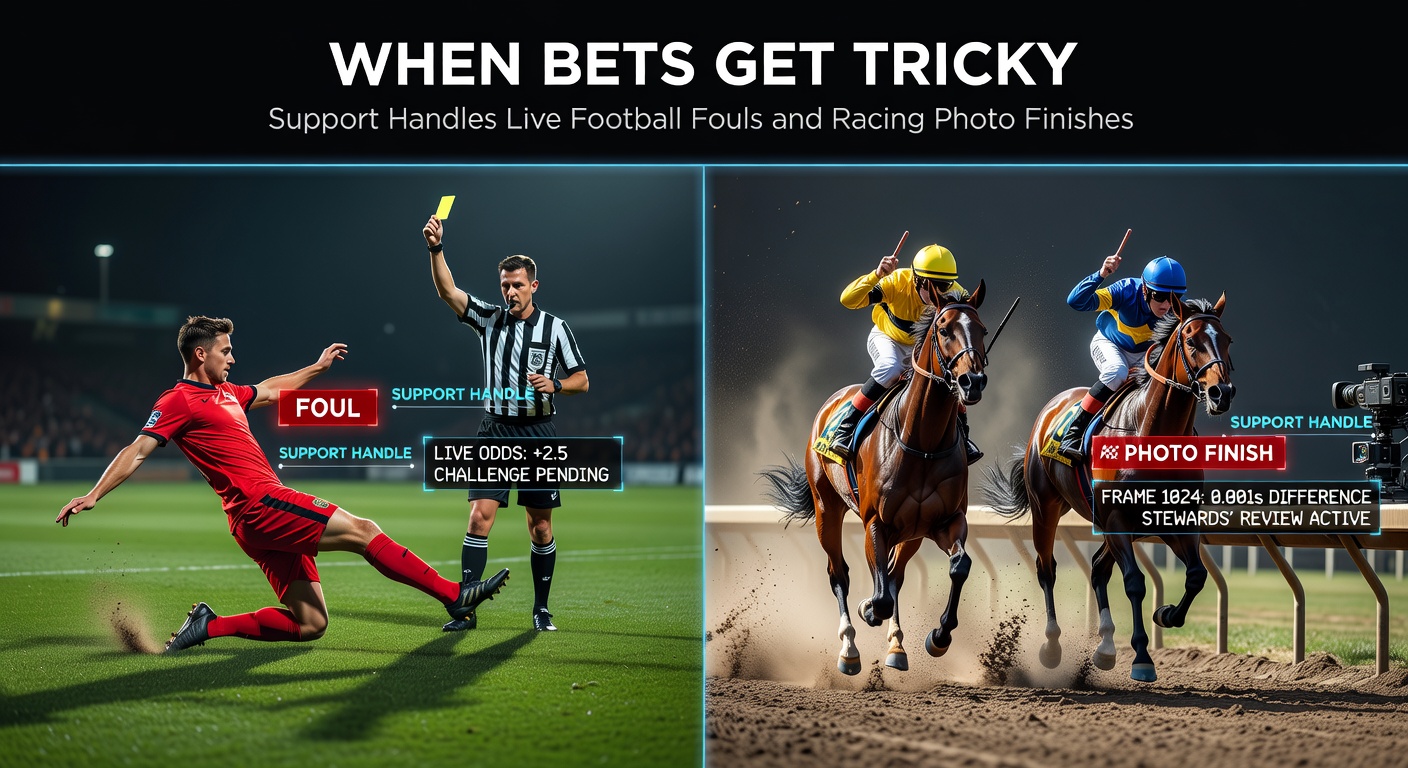 Racing photo finish display on screen showing two horses necks apart, with support chat window open in foreground resolving a bet query